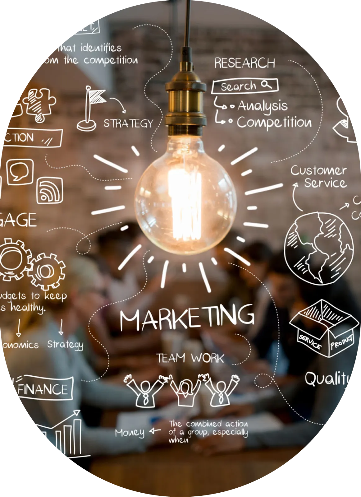 Light bulb with marketing strategy doodles.