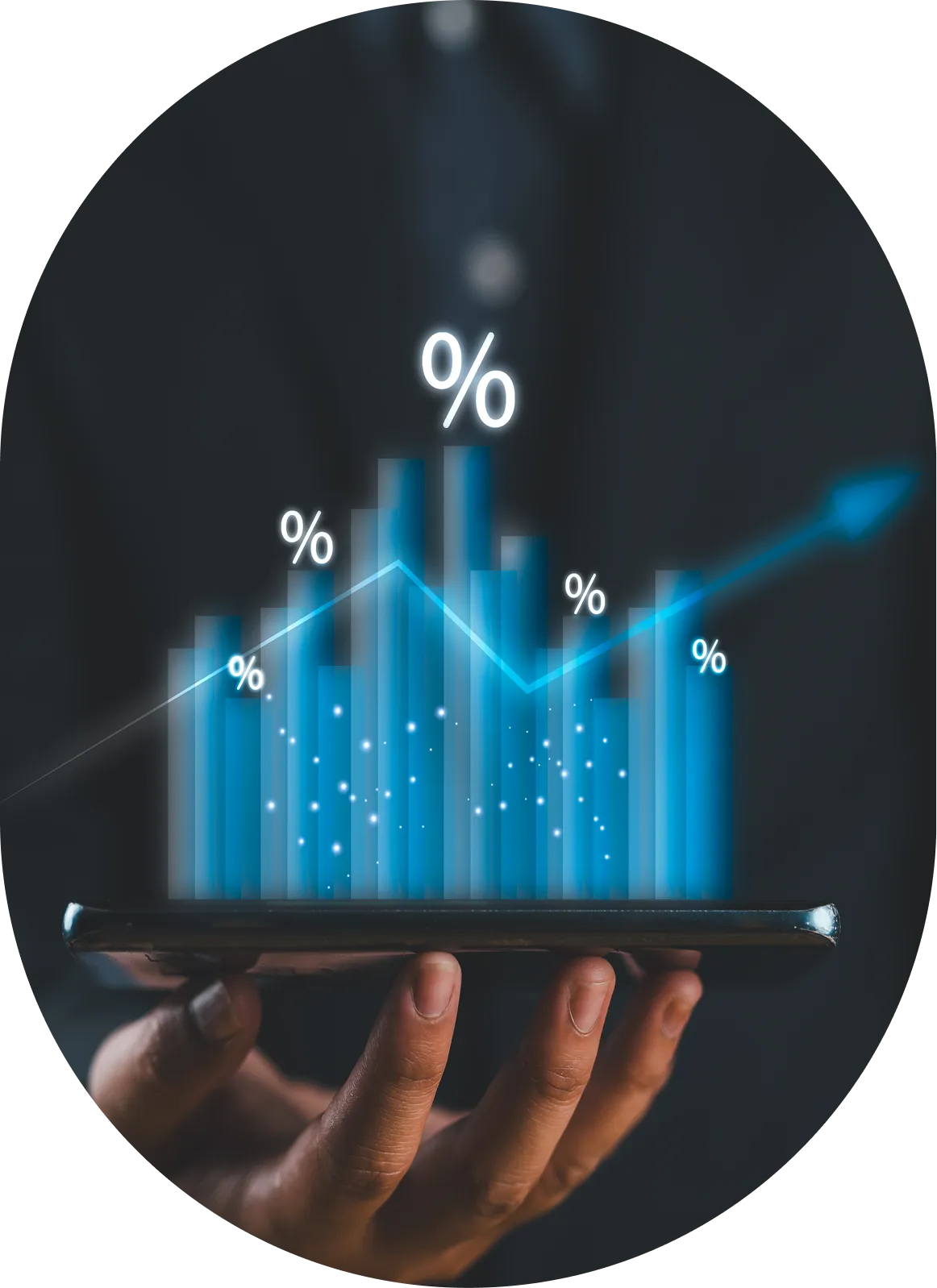 Person holding tablet with percentage graph.